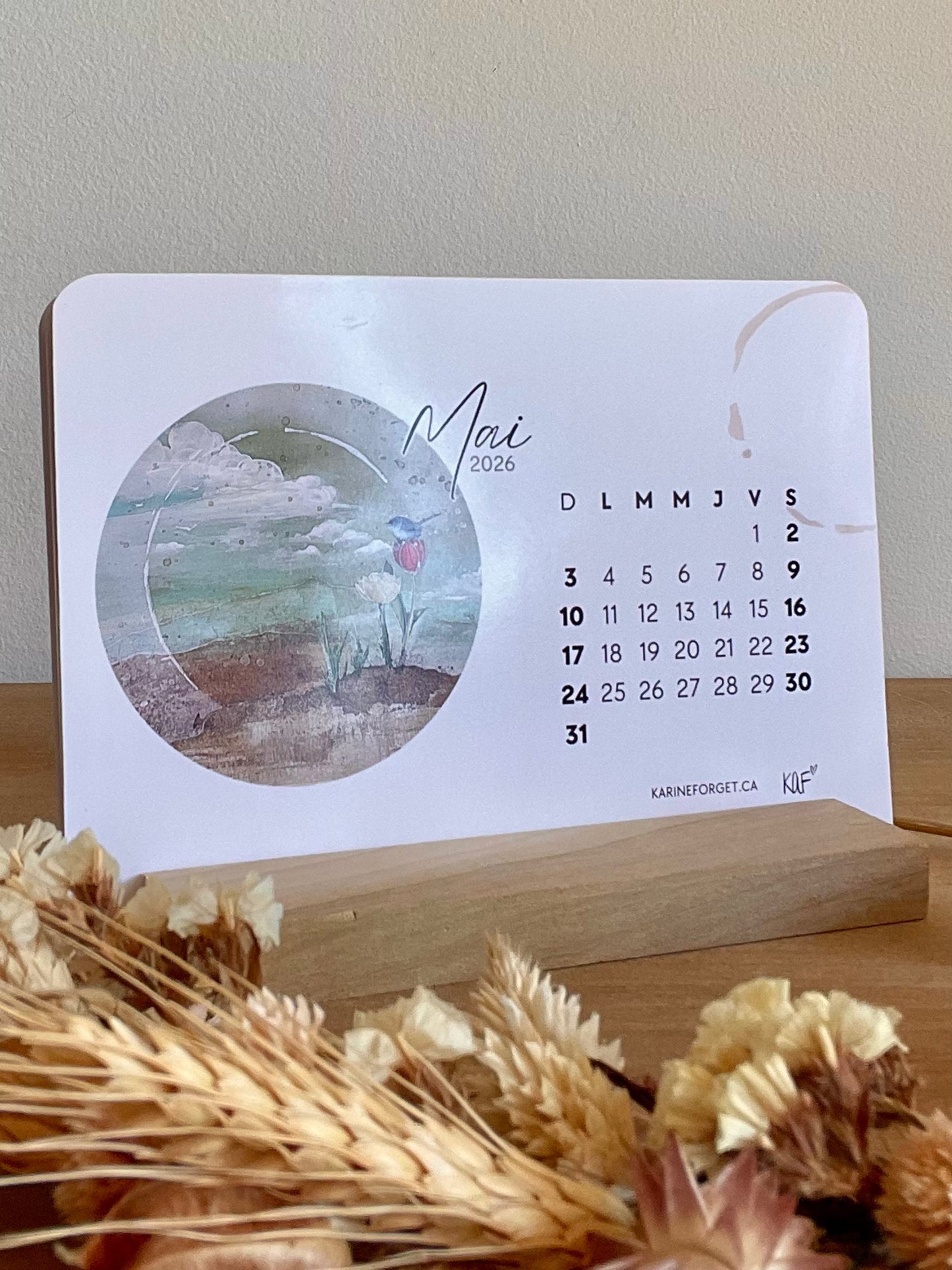 Calendrier 2026 avec support en bois